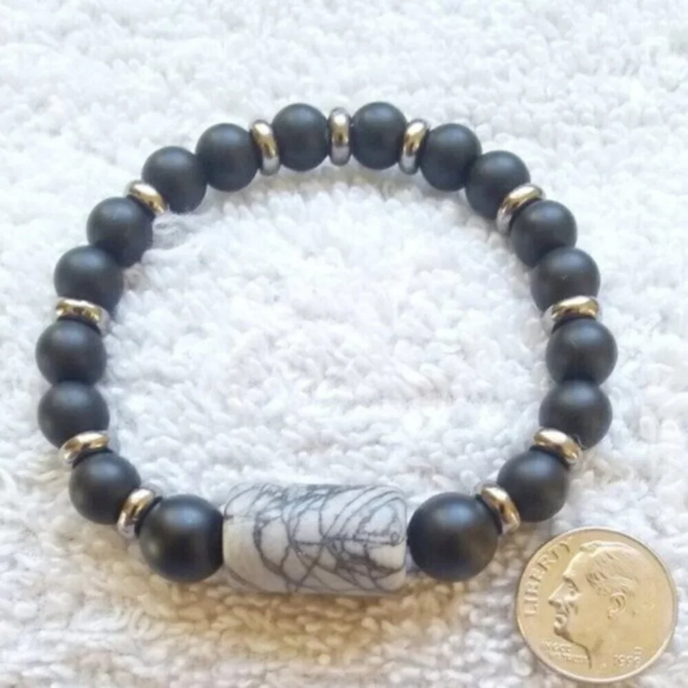 Chunky & Masculine! Black + Gray Jasper Stretch Bracelet - Grunge Goth Punk